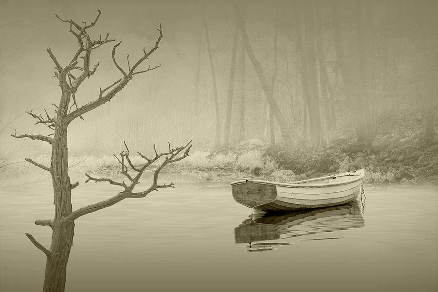 White Boat Anchored in the Mist In Sepia Tone Photograph by Randall Nyhof
