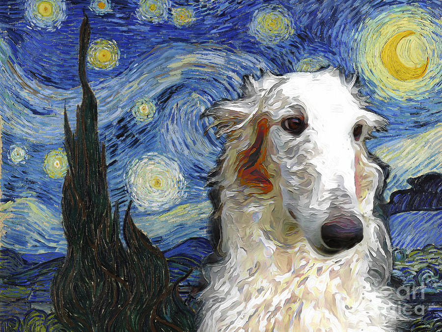 White Borzoi - Russian Wolfhound Van Gogh Art Starry Night  Painting by Sandra Sij