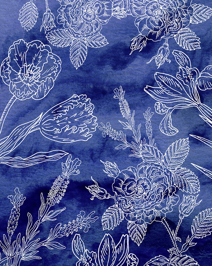 White Botanical Flowers On Indigo Blue Watercolor Pattern  Painting by Irina Sztukowski