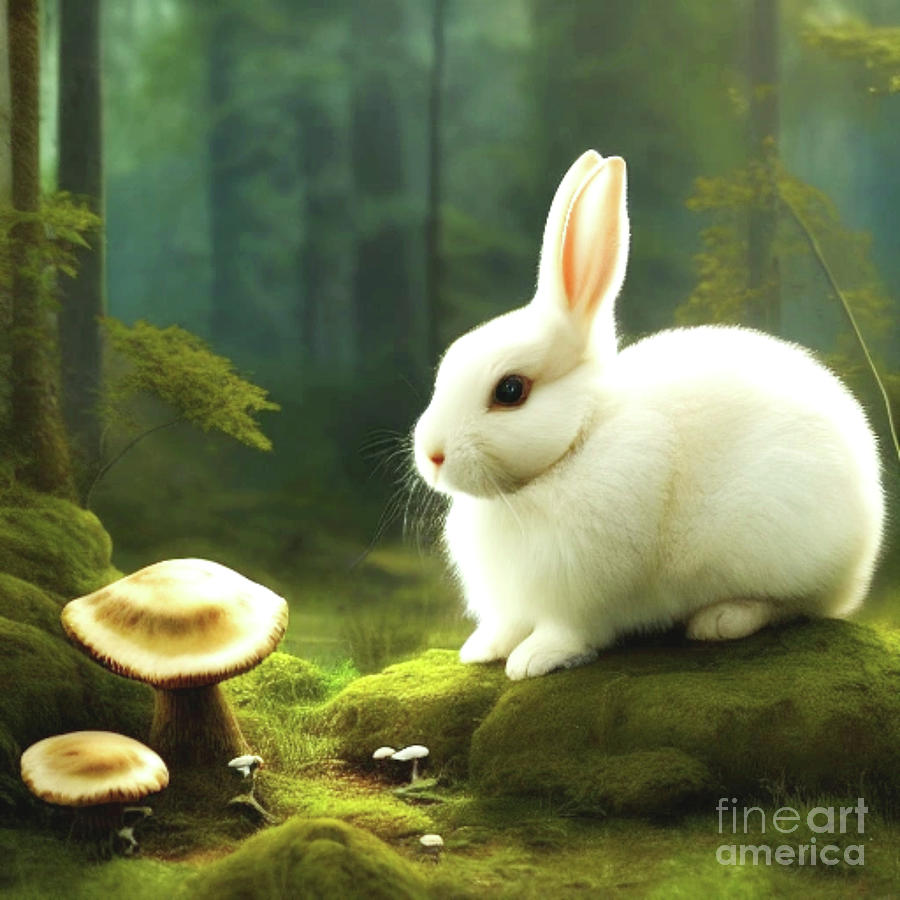 White Bunny In The Woods Digital Art