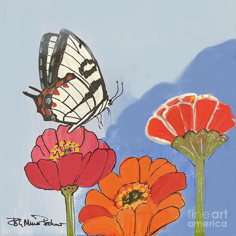 White butterfly and Zinnias Painting by Robin Pedrero