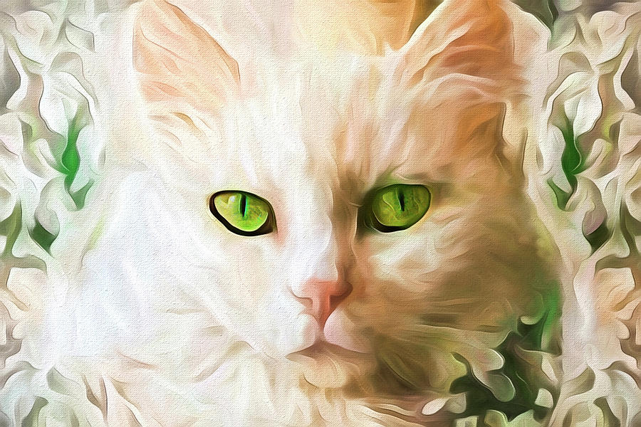 White Cat - Green Eyes Mixed Media by Peggy Collins