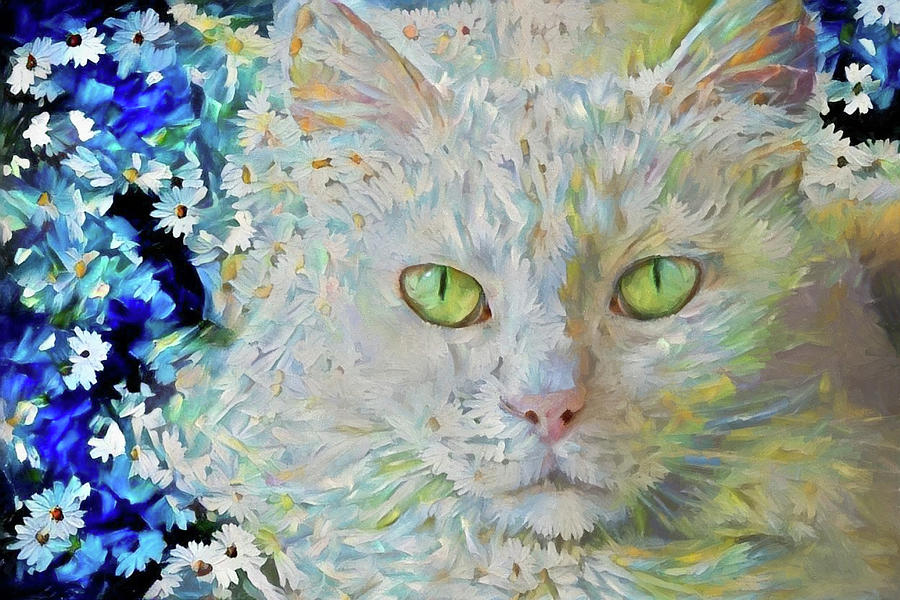 White Cat In a Field of Daisies Mixed Media by Peggy Collins