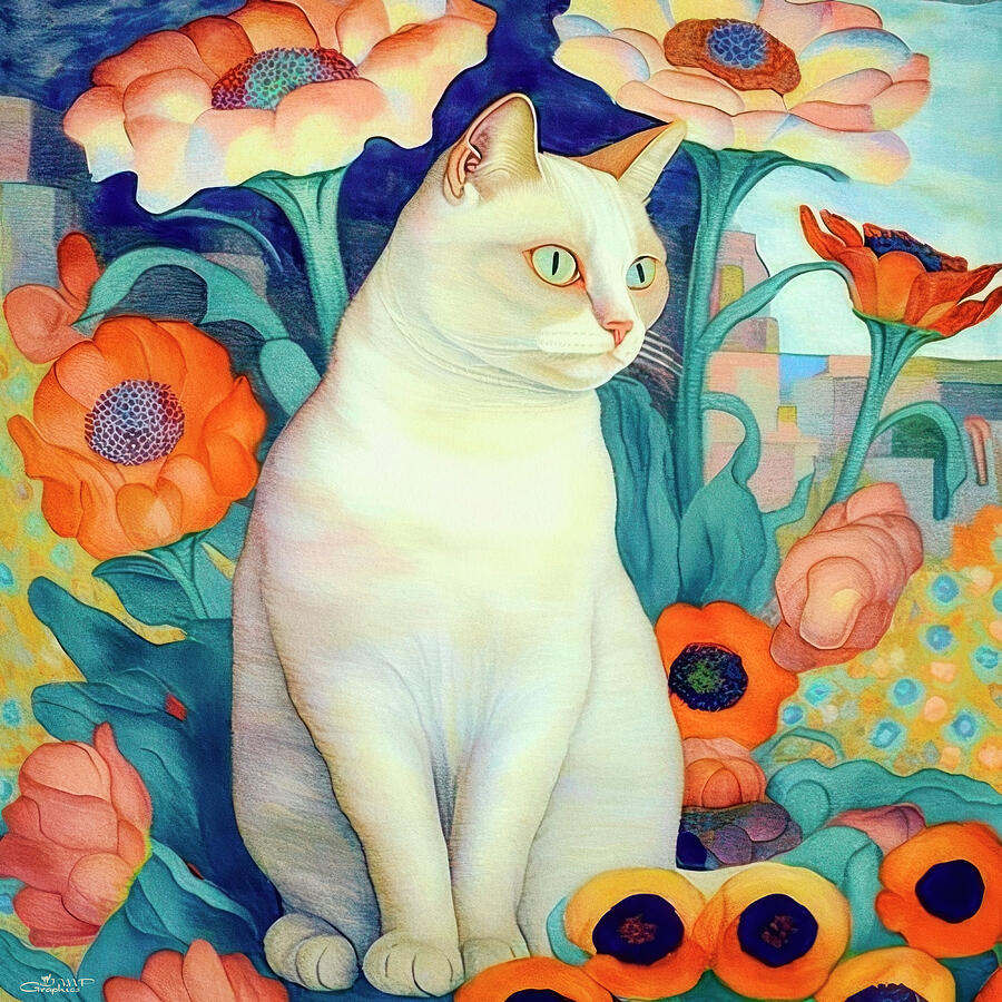 White Cat in a Flower Field Digital Art by Jutta Maria Pusl - Fine Art ...