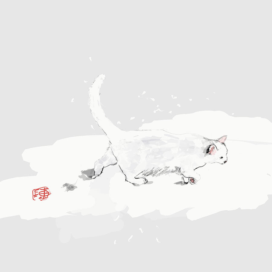 White Cat in Snow Digital Art by Debbi Saccomanno Chan