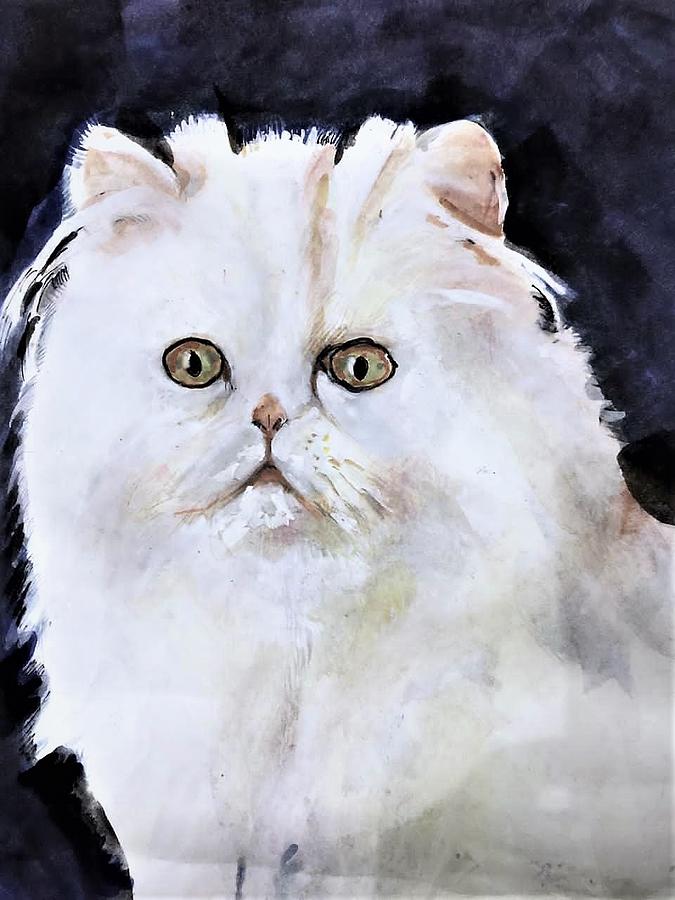 White cat Painting by Khalid Saeed