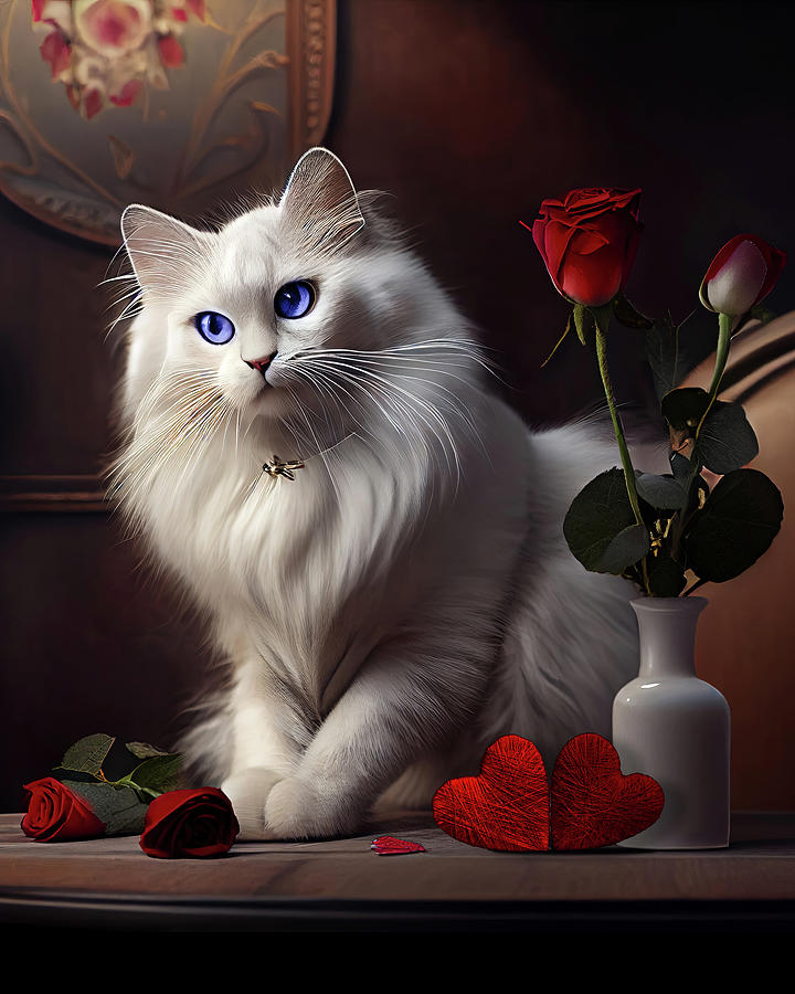 White Cat Waiting for her Valentine Digital Art by Lily Malor