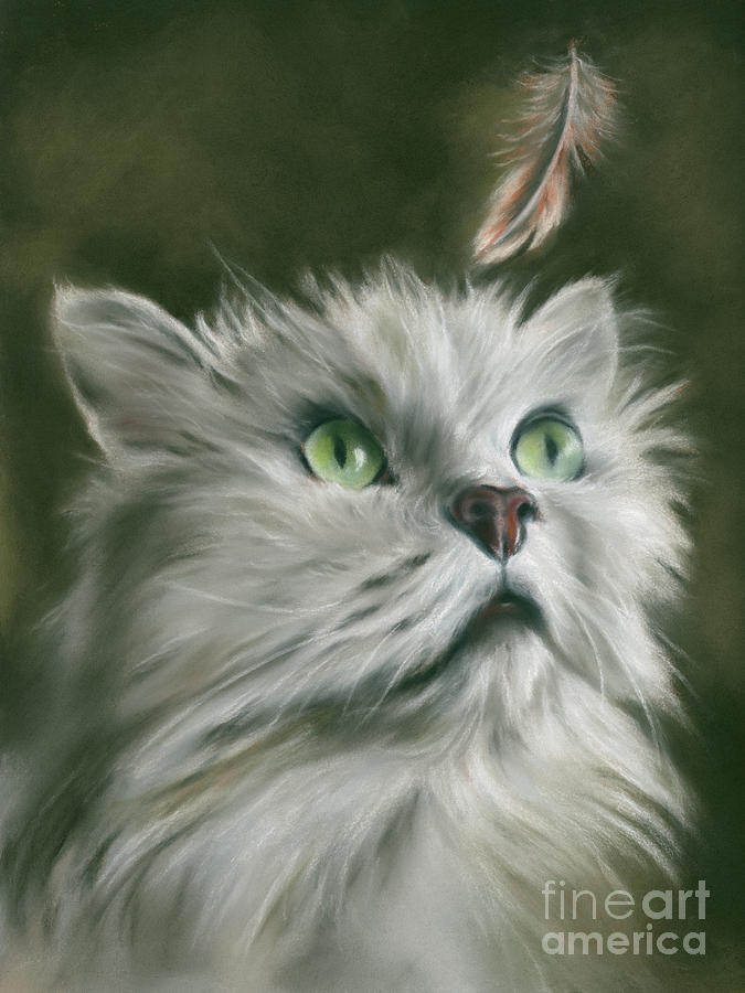 White Cat with a Feather Painting by MM Anderson
