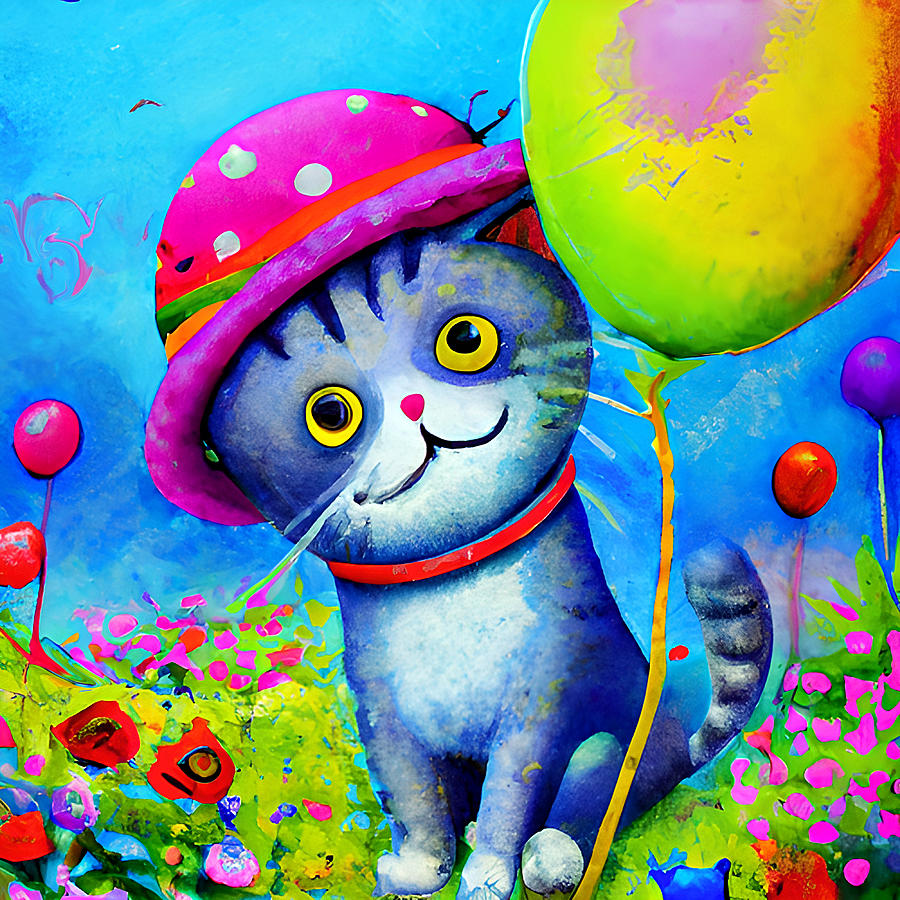 White Cat with a Hat Playing with Balloons Digital Art by Amalia Suruceanu