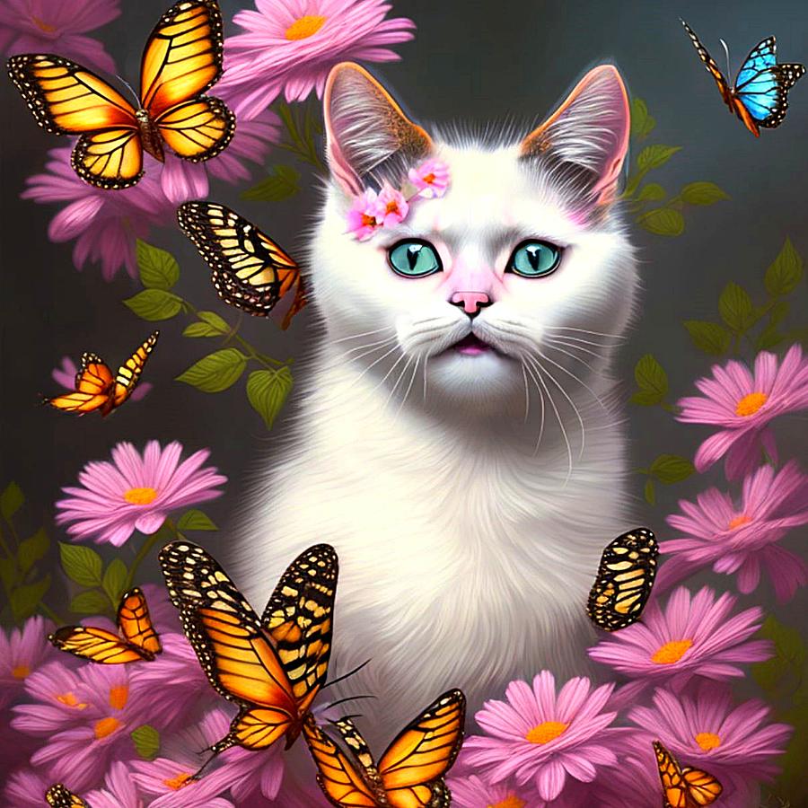 White Cat with butterflies and flowers Cat 700 Digital Art by Lucie Dumas