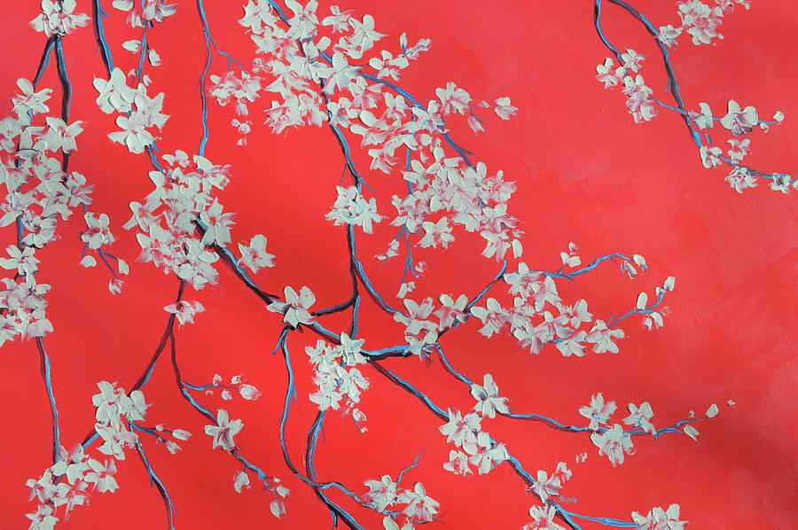 White cherry blossom branches and red silk Painting by Jan Matson White cherry blossom branches and red silk Painting by Jan Matson