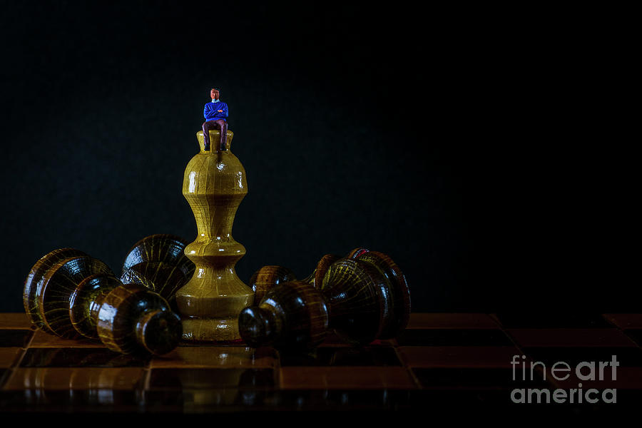 White chess King standing and fallen black chess pieces. Winner of business competition planning concept and marketing strategy. Macro Photograph by Pablo Avanzini
