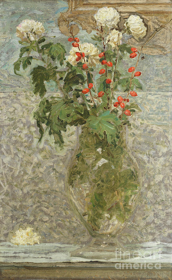 White Chrysanthemums and Red Berries Painting by Albert Joseph Moore