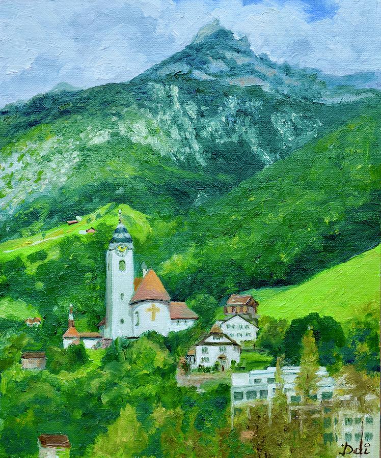 White Church above Fluelen Switzerland Painting by Dai Wynn