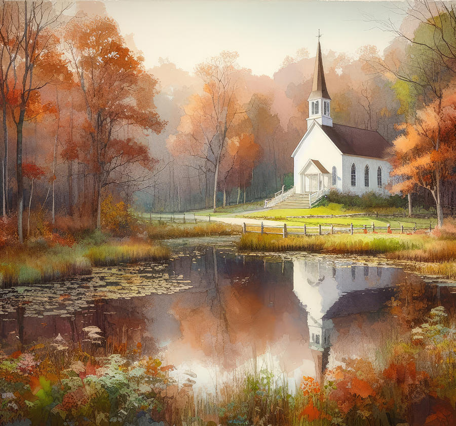 Fall Digital Art - White Church at the Reflecting Pond by Kim Hojnacki
