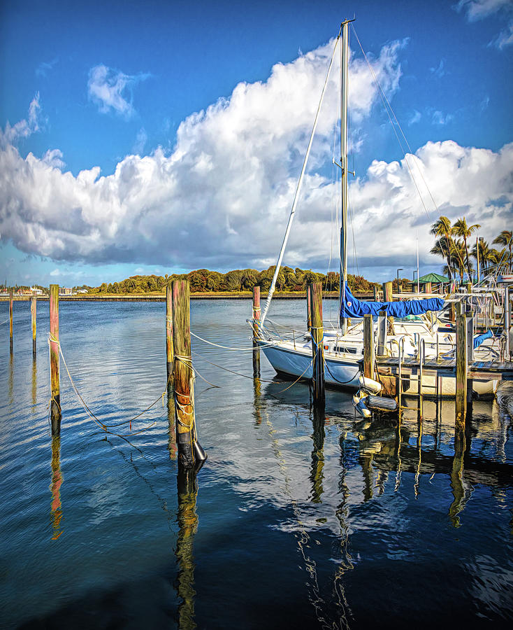 White Clouds and Boats at the Boynton Inlet Marina Painting Photograph by Debra and Dave Vanderlaan