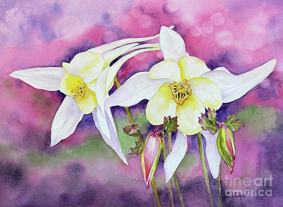 White Columbine Flowers Painting by Hilda Vandergriff