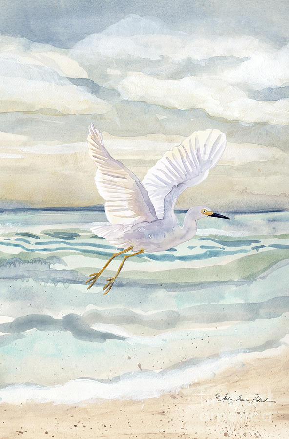 White Crane over the Ocean Watercolor in Blues Painting by Audrey Jeanne Roberts