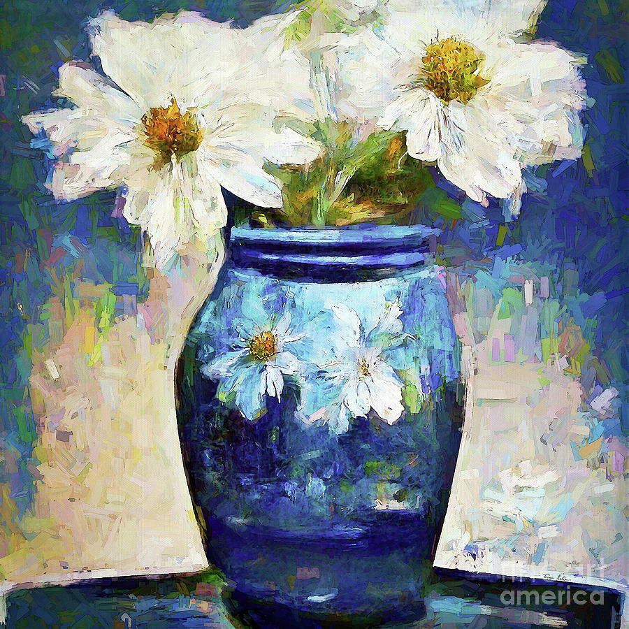 White Daises In A Blue Vase Painting by Tina LeCour