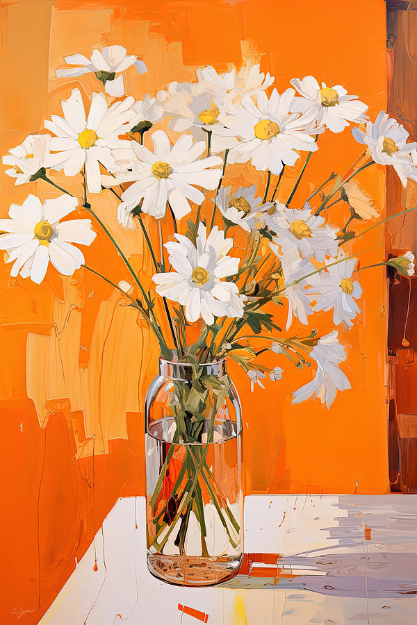 White Daisies Dance Amidst Orange, Yellow, And Red Painting