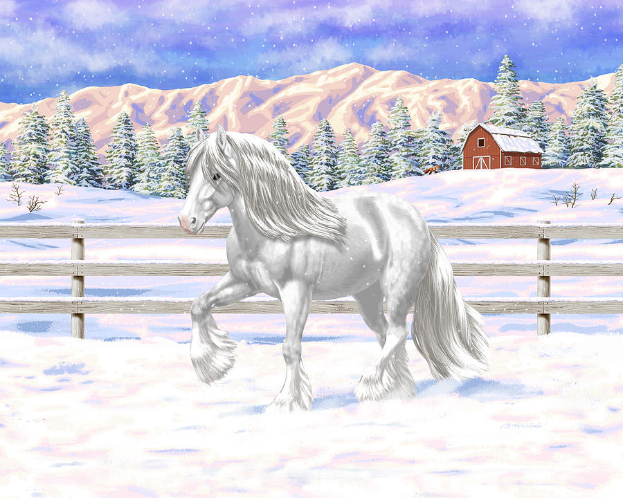 White Dapple Gray Gypsy Vanner Draft Horse In Snow Painting by Crista Forest