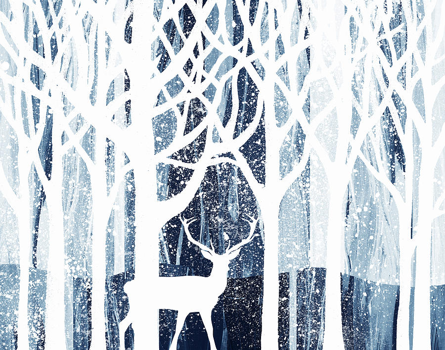 White Deer Buck In Winter Forest Watercolor Silhouette  Painting by Irina Sztukowski