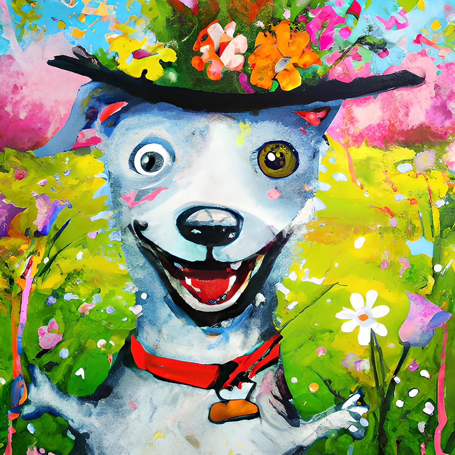 White Dog with a Green Eye Wearing a Hat Digital Art by Amalia Suruceanu