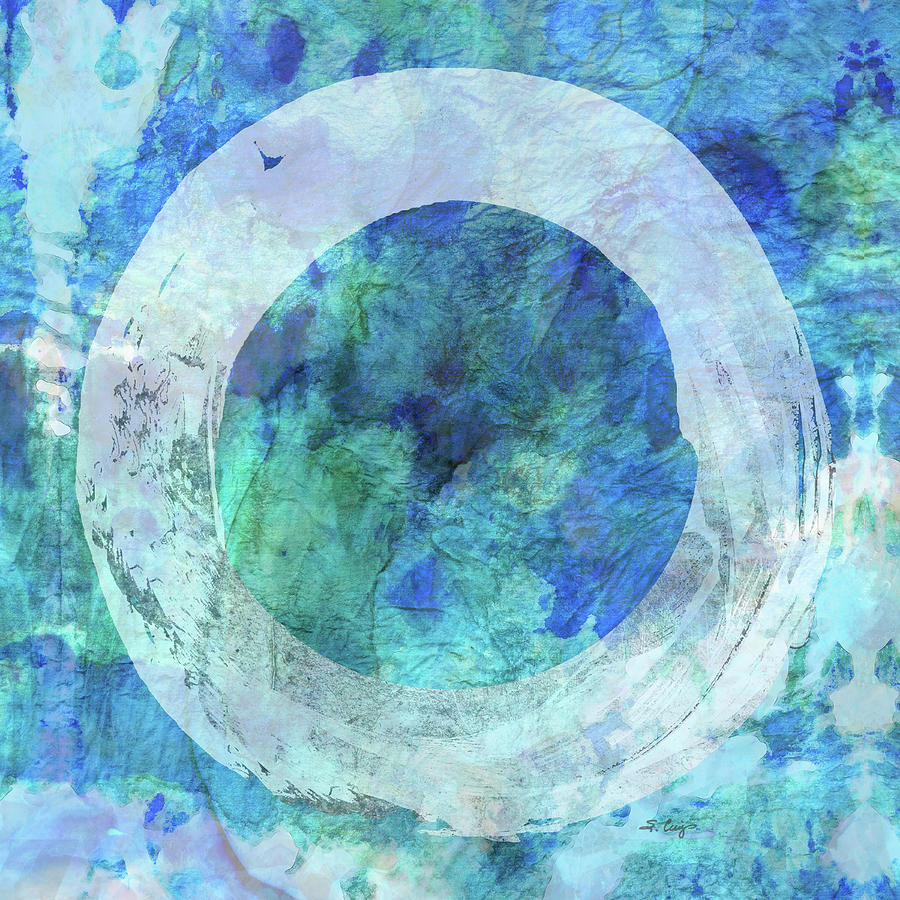 White Enso Art on Blue Painting by Sharon Cummings