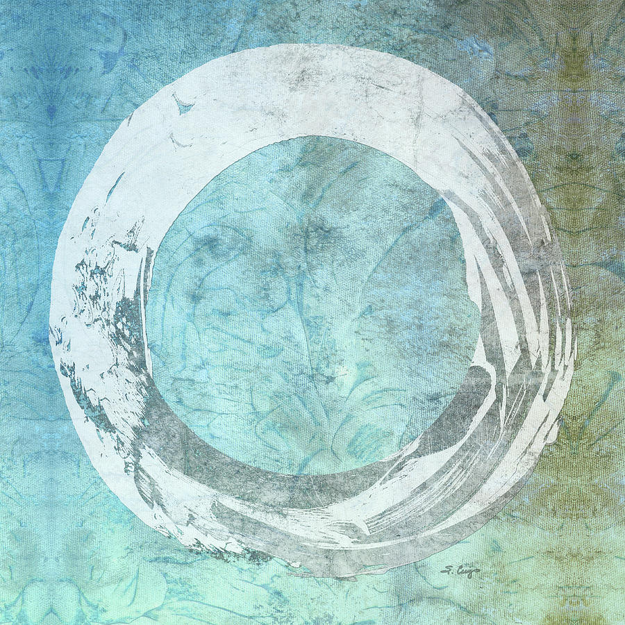 White Enso On Light Blue Peaceful Art Painting by Sharon Cummings