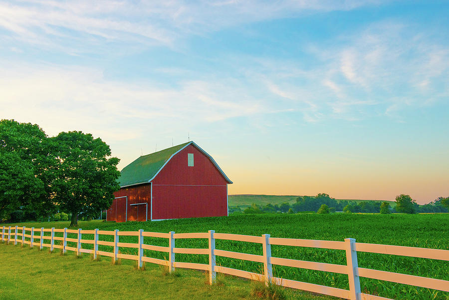 White fence with barn in the background-Gibson County, Indiana ...