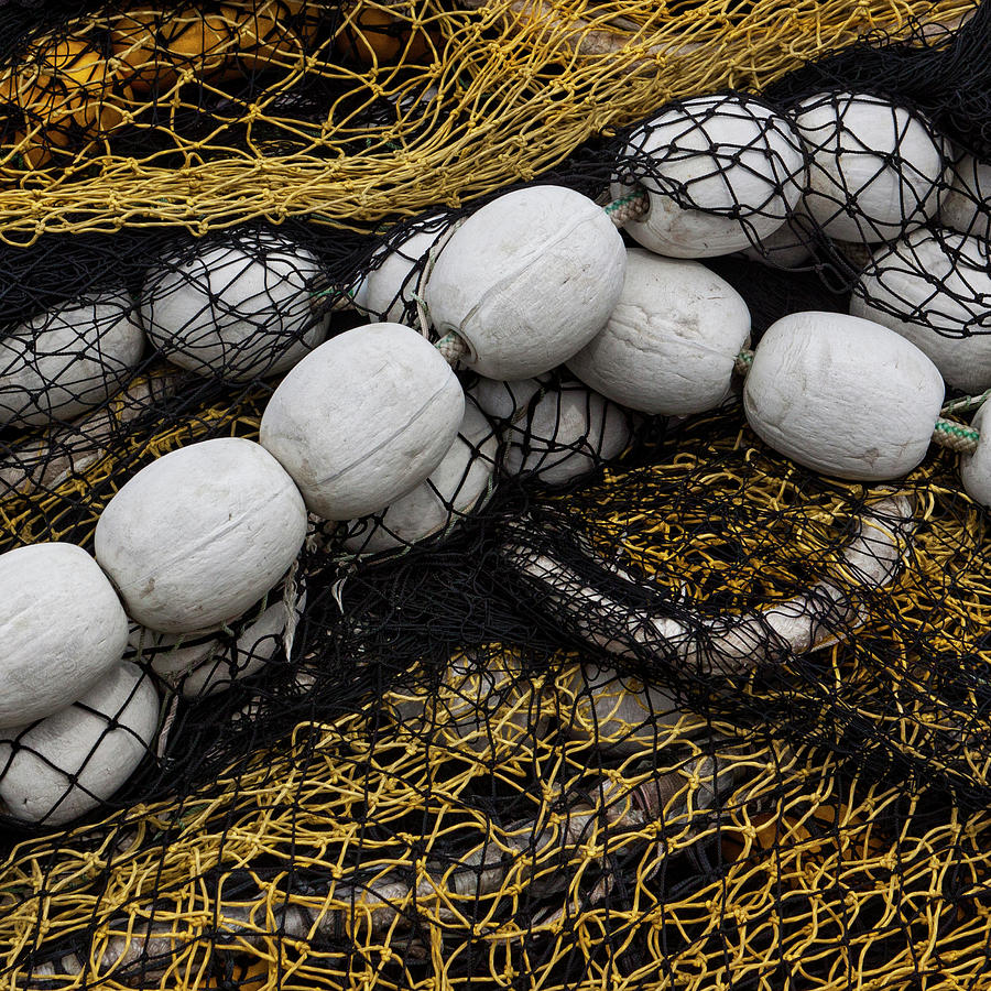 White Floats and Yellow and Black Fishing Nets Square Photograph by Carol Leigh