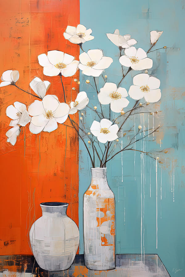 White Flowers against Orange and Blue Painting by Lourry Legarde
