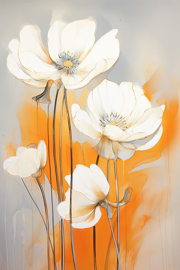 White Flowers Against Orange and Gray Background Painting by Lourry Legarde