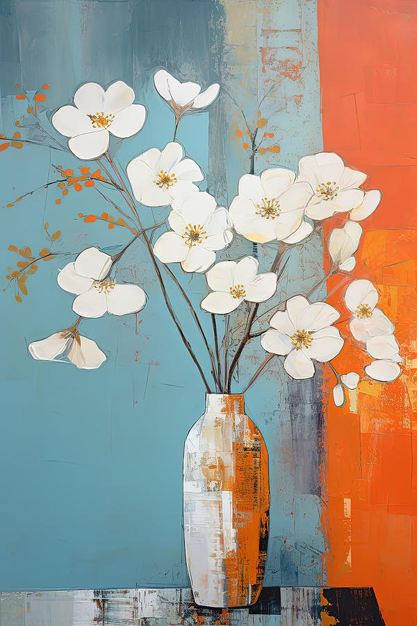 Turquoise And Orange Painting - White Flowers against Orange and Teal Wall Art by Lourry Legarde