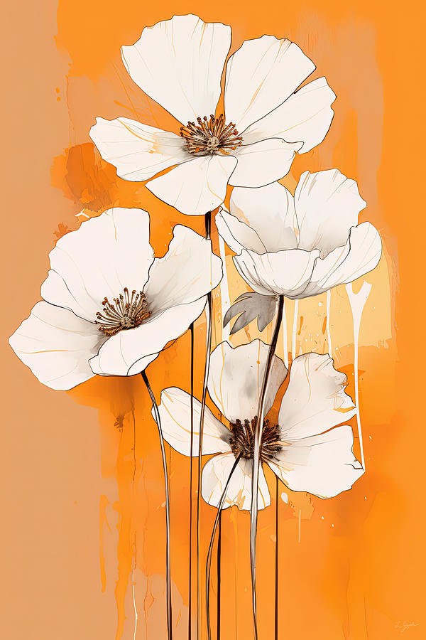 White Flowers Against Orange Background Painting by Lourry Legarde