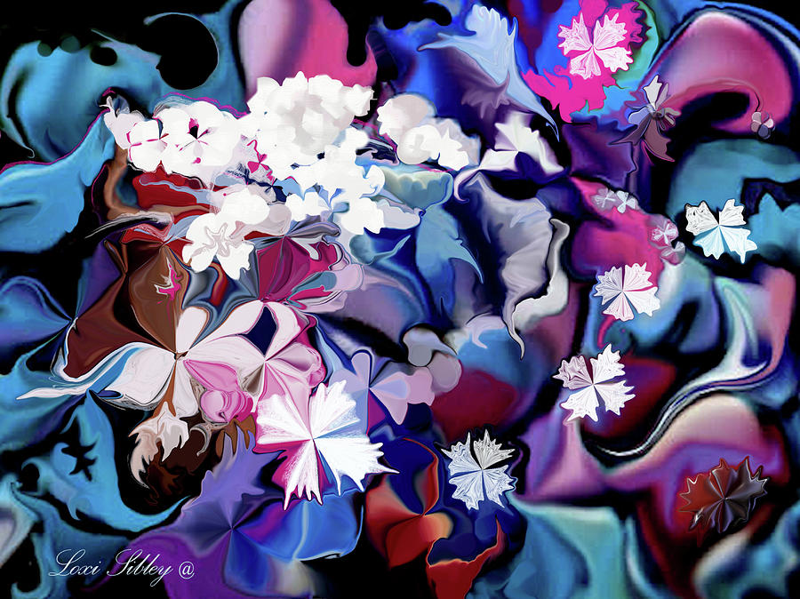 White Flowers and Blues Digital Art by Loxi Sibley