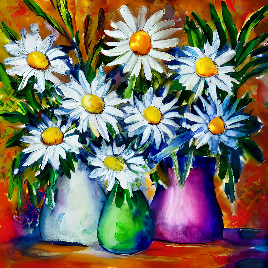 White Flowers in Colorful Vases Digital Art by Amalia Suruceanu