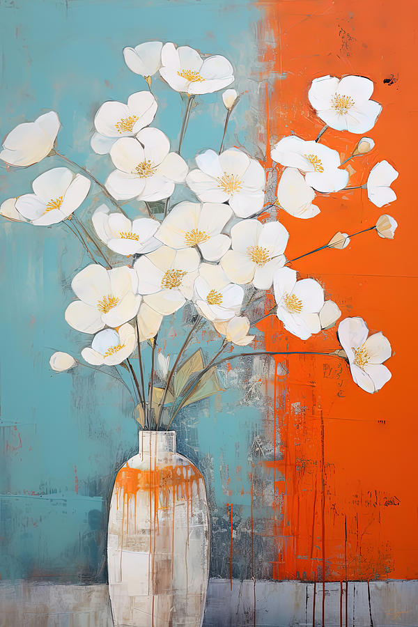 White Flowers in Harmony with Orange and Blue - Blue and Orange Art Painting by Lourry Legarde