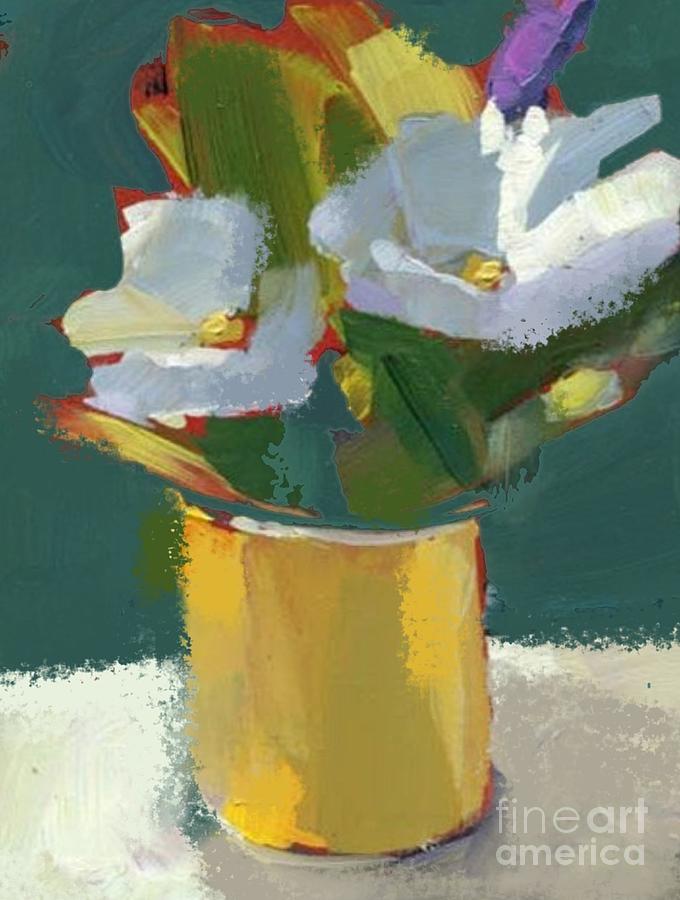 White Flowers in Yellow vase Painting by Vesna Antic