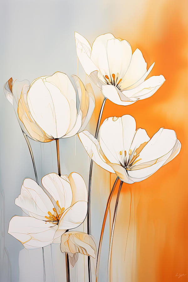 White Flowers on Burnt Orange Background Painting by Lourry Legarde