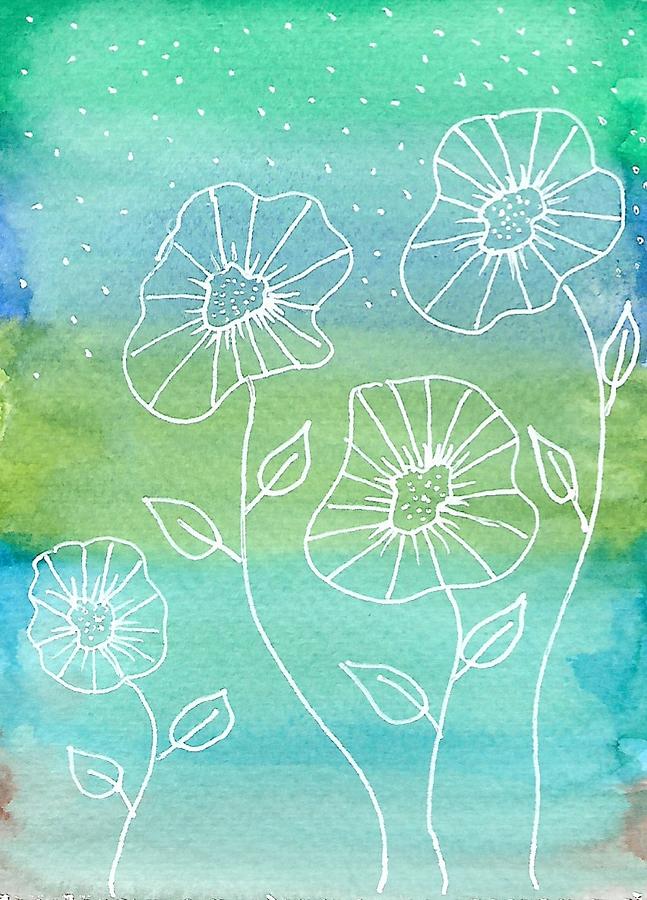 White flowers on green and blue background Mixed Media by Michelle ...