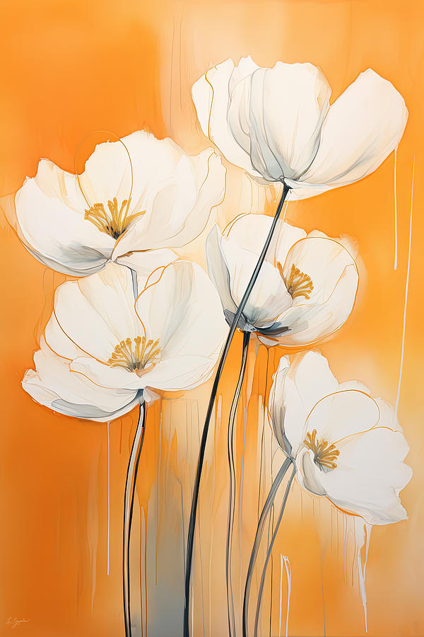 White Flowers On Orange And Gray Art Painting