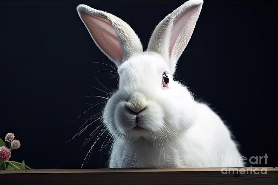 Nature Painting - white fluffy rabbit looking at the signboard. Isolated on dark background. Easter bunny by N Akkash