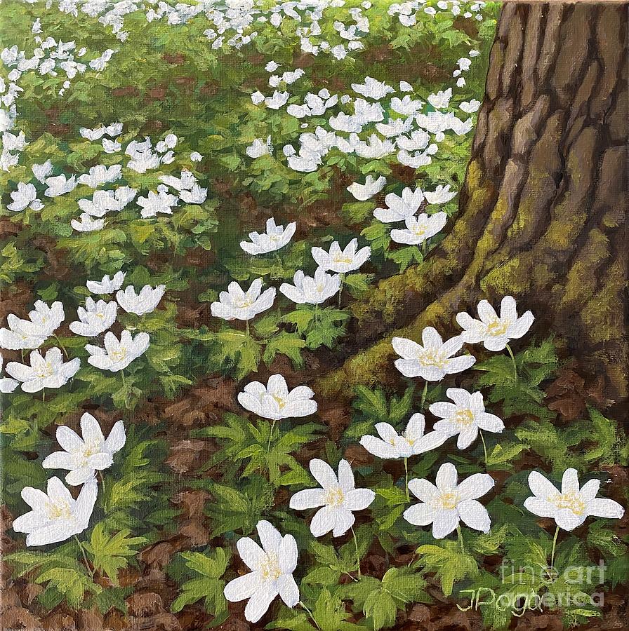 White forest anemones Painting by Inese Poga