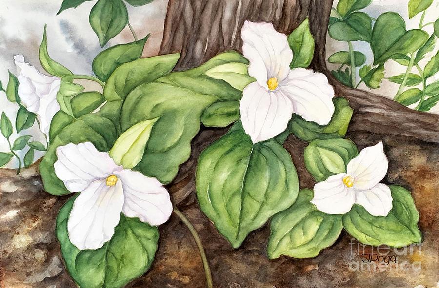 White forest trillium flowers Painting by Inese Poga
