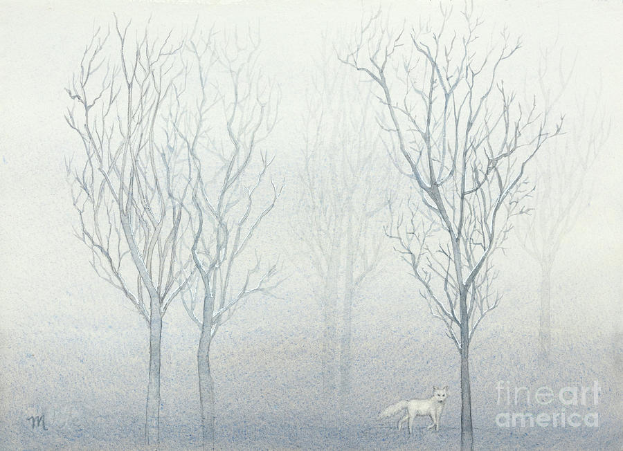 Nature Painting - White Fox in the Misty Woods Watercolor by Michelle Constantine