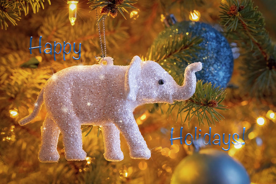 White Glitter Elephant Ornament - Happy Holidays Photograph