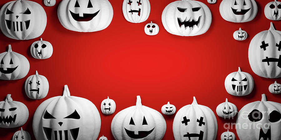 White Halloween Pumpkins On Red Background Photograph