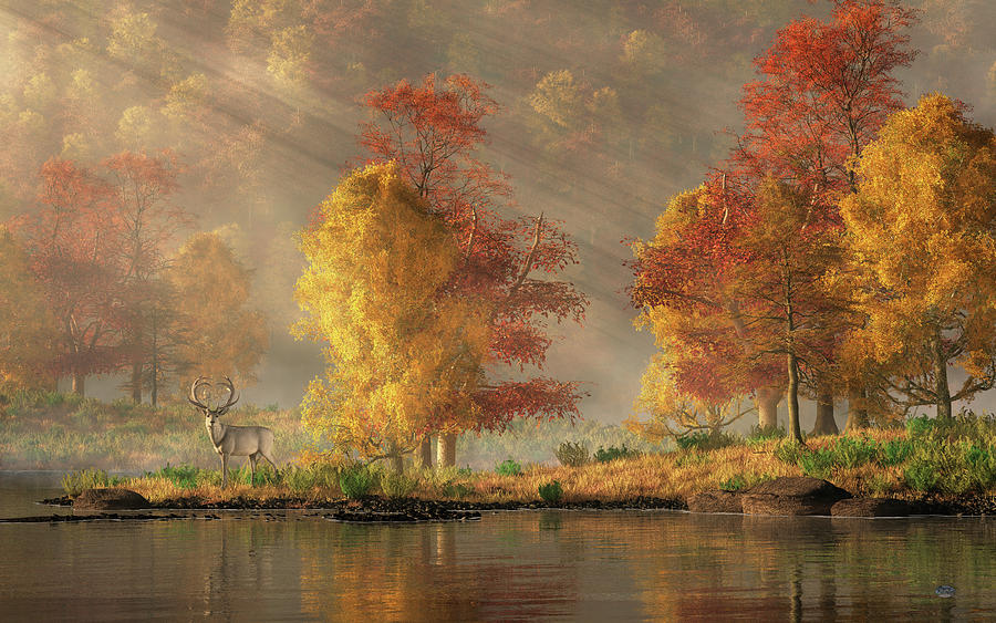 White Hart in an Autumn Valley Digital Art by Daniel Eskridge
