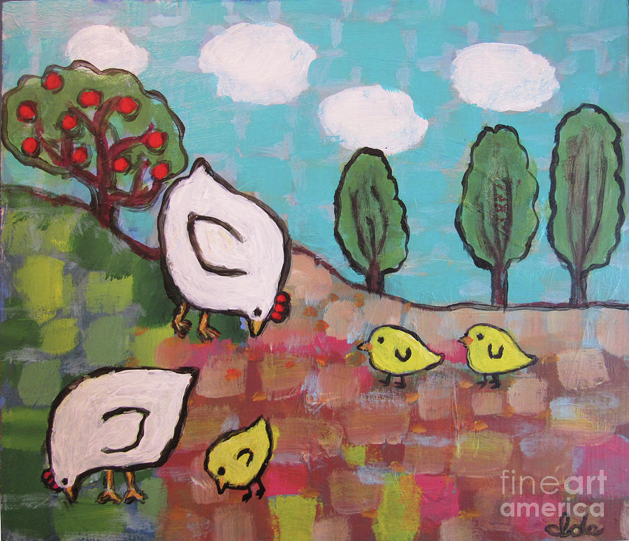 Tree Painting - White Hens Three Chicks by Ida K